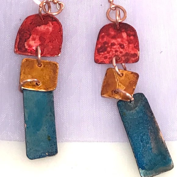 Primitive Brutalist Copper Earrings Boho Gift Chartreuse Festival Handmade - Picture 3 of 10